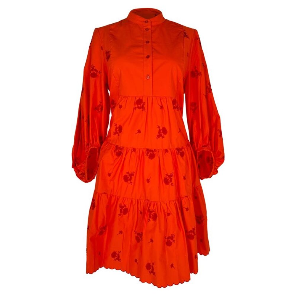 Erdem Embroidered Mini Tiered Dress in Orange Cotton